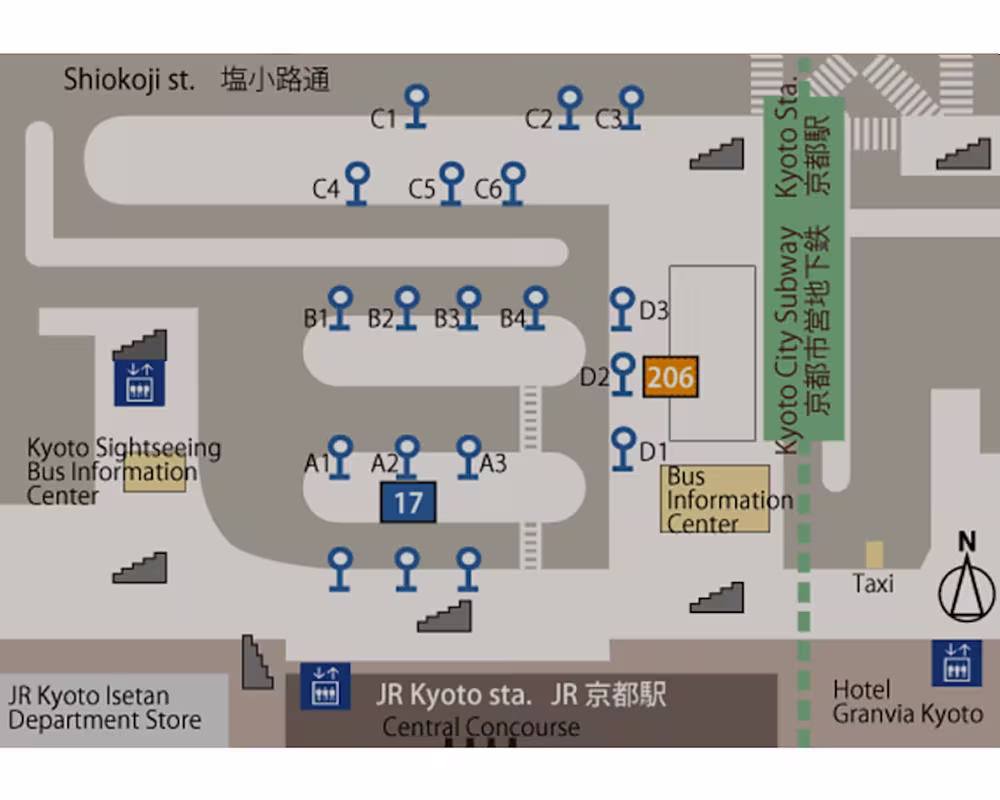 Map of the Kyoto Station bus terminal, with boarding point D2 for City Bus 206 marked