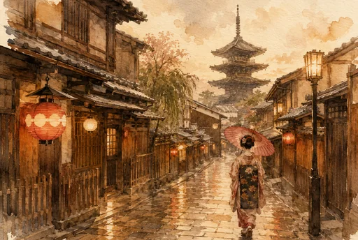 A lantern-lit street of wooden machiya teahouses in Gion, the Yasaka Pagoda beyond