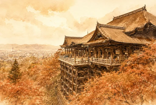The wooden stage of Kiyomizu-dera above the Higashiyama hillside