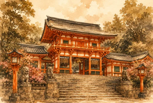 The vermilion romon gate of Yasaka Shrine above its stone steps