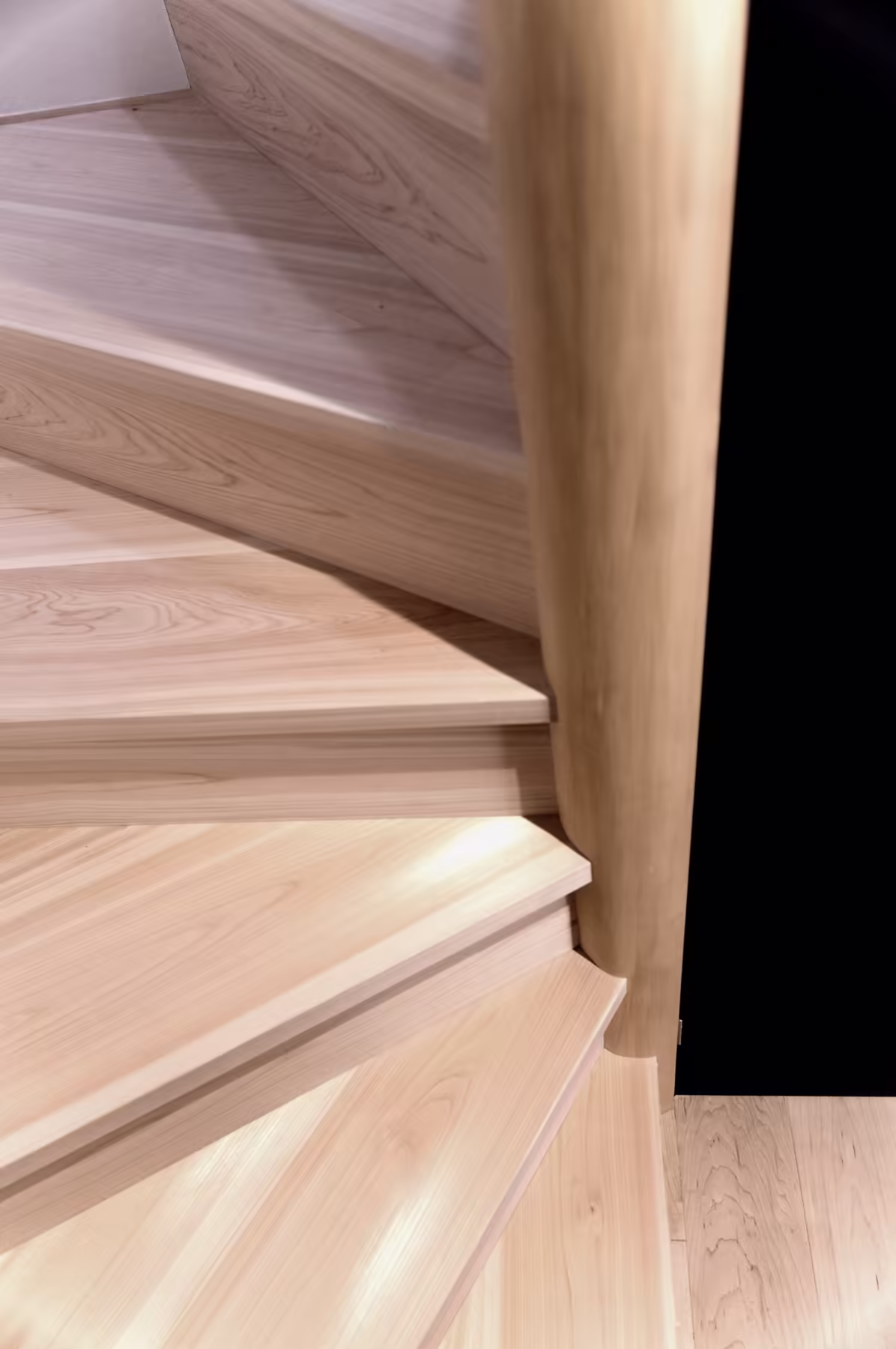 The stair — pale new treads let into the old timber, turning up to the bedrooms