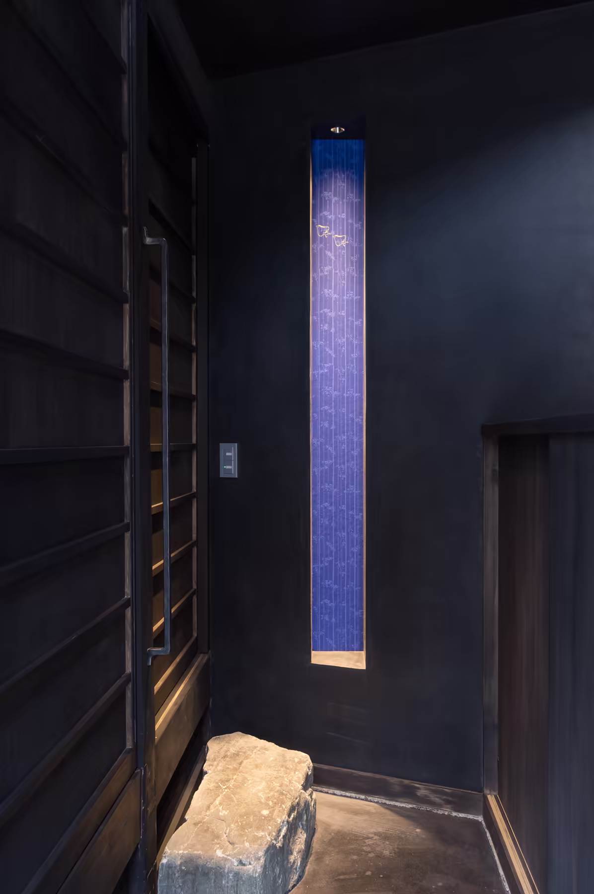 The entrance — a single stone step into the dark indigo genkan, lit by a narrow panel of light